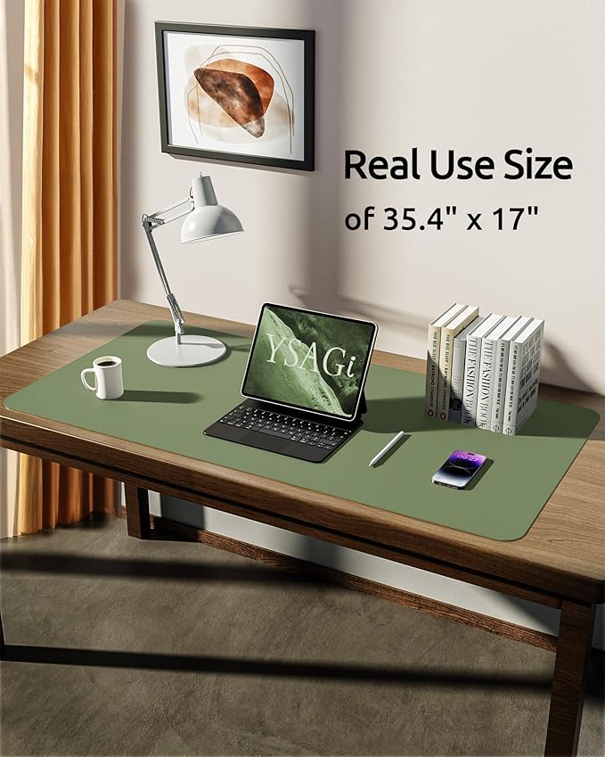 YSAGi Leather Desk Protector, Office Mat, Large Mouse Mat, Non-Slip PU Leather Blotter, Laptop Desk, Waterproof Writing Pad for Office and Home (Bamboo Green, 35.4" x 17")