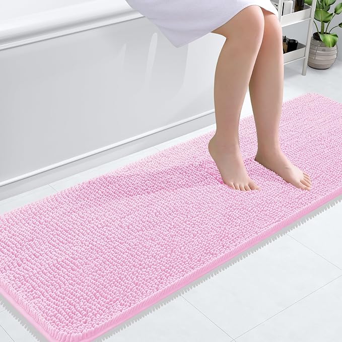 OLANLY Bathroom Rugs 59x20, Extra Soft Absorbent Chenille Bath Rugs, Rubber Backing Quick Dry, Machine Washable Bath Mats for Bathroom Floor, Tub and Shower, Home Decor Accessories, Pink