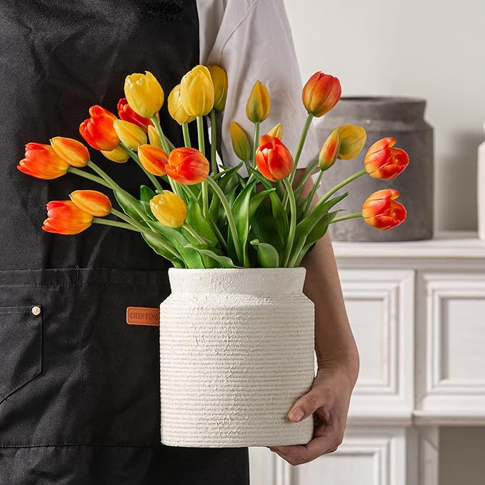 Ceramic Flower Vase 7.5 inch Farmhouse Rustic Vase for Home Decor Handcrafted Pottery Terracotta Vases for Dining Table Decor Fireplace Living Room Bathroom Wedding Centerpiece (01-White)