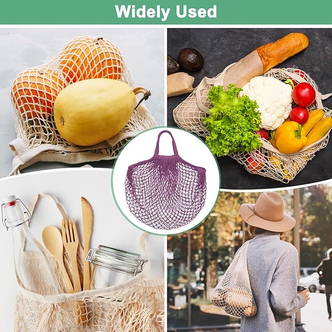 2-Pack Cotton Mesh Bag, Reusable Washable Mesh Net String Grocery Bags, Reusable Produce Bags with Handle, Net Tote Bag for Fruits Shopping [Purple-Pink, Long&Short Handle]