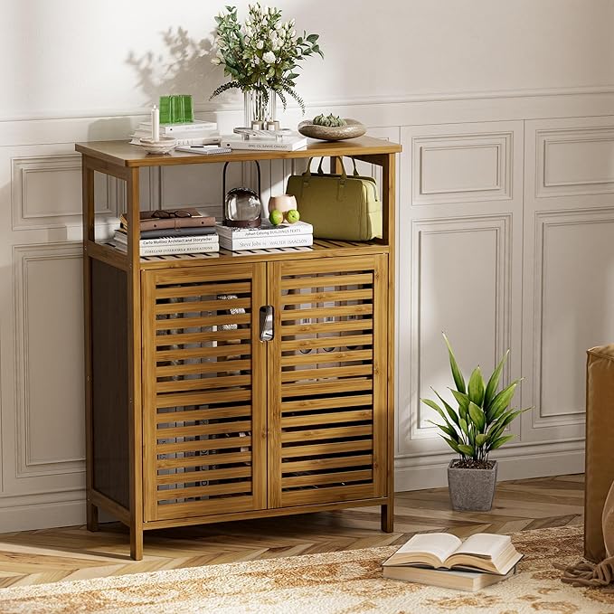 HITNET Walnut Bathroom Floor Cabinet, Bamboo Side Tall Storage Organizer, Freestanding Kitchen Cupboard with Door and Shelf