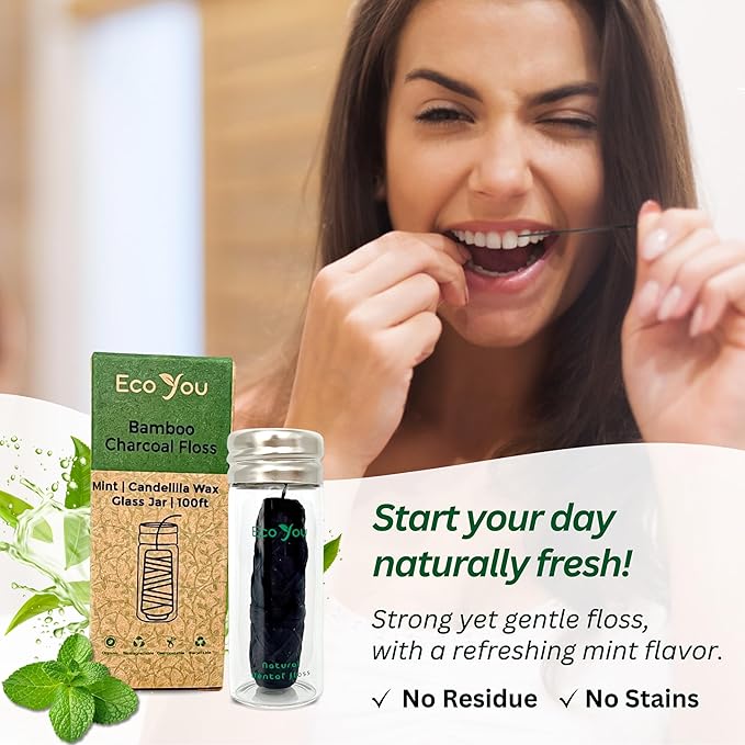 Bamboo Charcoal Dental Floss | Mint & Candelilla Wax | Vegan & Biodegradable (2 Refills Pack)