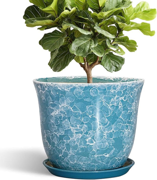 12 Inch Pots for Plants - Ceramic Planter with Drainage Hole and Saucer, Round Large Plant Pot for Indoor Outdoor, Modern Decorative Planters, Home Apartment Decor, House Warming Gift, Blue