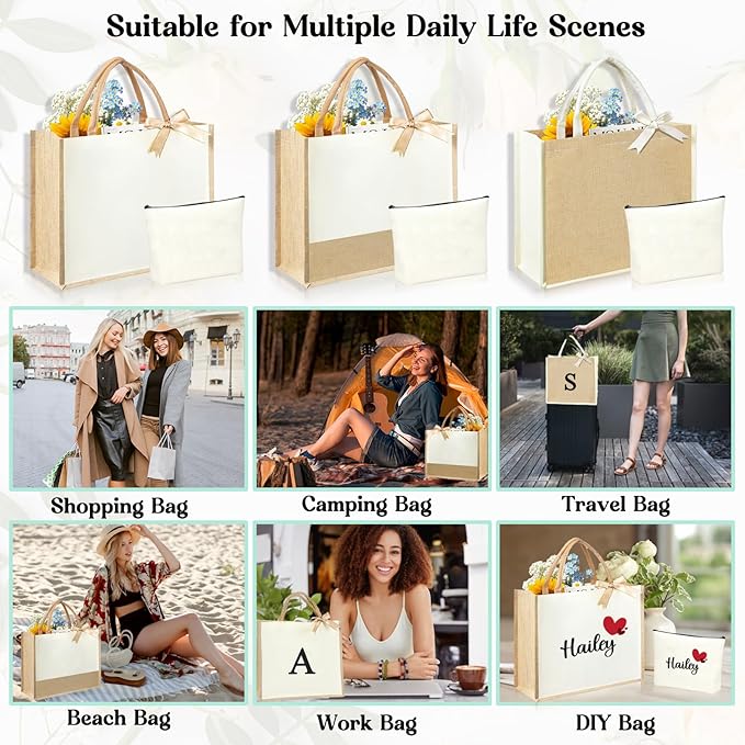 Initial Canvas Tote Bag & Makeup Bag for Women Teacher Bridesmaids，Personalized Present for Wedding, Birthday, Beach