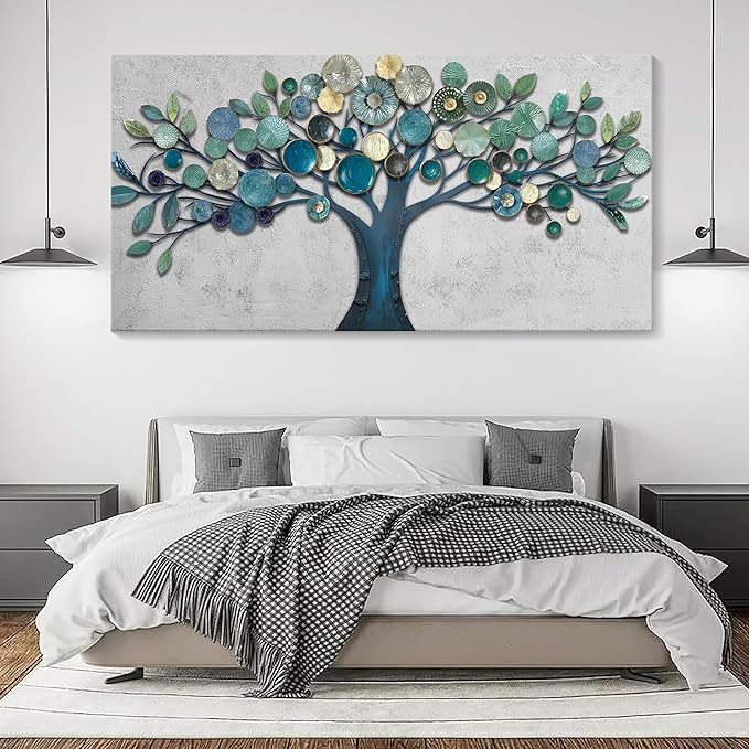 CHATYOUNG Large Canvas Wall Art - Wall Pictures Artwork for Living Room Tree of Life Blue Gold Leaves Gray Background Paintings Bedroom Dining Room Office Kitchen Home Decor 58"x29"