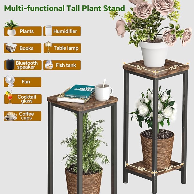 Homeiju 2-Pack Plant Stand Indoor, 2 Tier Wood Corner Plant Stand, Modern Square Plant Shelf Flower Stand for Living Room Patio Balcony Garden, Rustic Brown