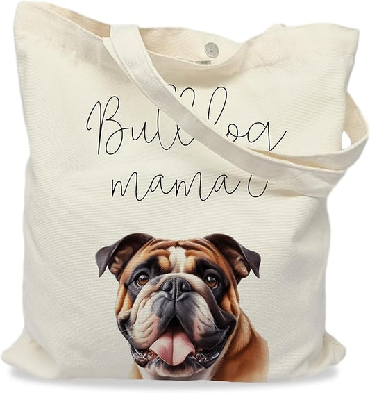 Bulldog Mama Tote Bag – Cute English Bulldog Dog Lover Canvas Bag, Reusable Shopping Shoulder Bag for Women, Pet Mom Gift, Everyday Grocery & Travel Tote.018