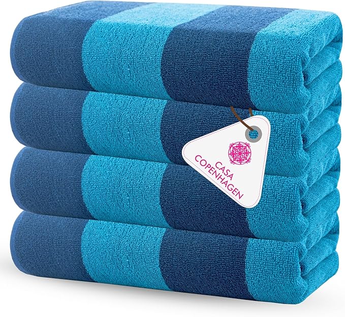 CASA COPENHAGEN Malibu Beach Towels Designed in Denmark Rough and Tough, Quick Dry, for Pool, Bath & Shower 30x60 inches 4 Pieces Cotton Beach Bath Towels Set - Blue