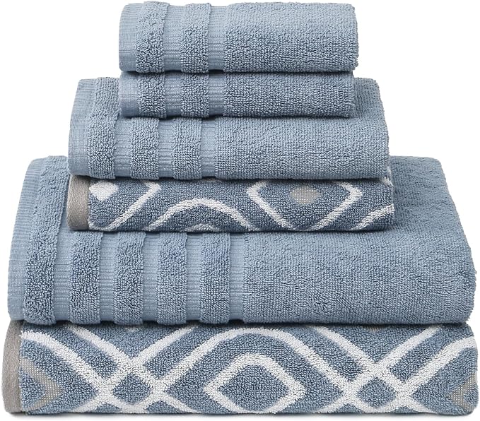 Modern Threads Oxford 6-Piece 100% Cotton Towel Set – Yarn Dyed Jacquard & Solid – Includes 2 Bath Towels, 2 Hand Towels, 2 Washcloths – Absorbent, Quick Dry, Soft & Durable – Blue