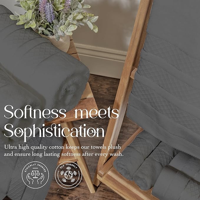 Premium Towel Set: Super absorbent, quick-drying, soft, plush. Features hanging loop, fade-resistant, eco & skin-friendly dyes. Luxury dobby design for bath or spa. (Charcoal, Bath Towel Set of 4)