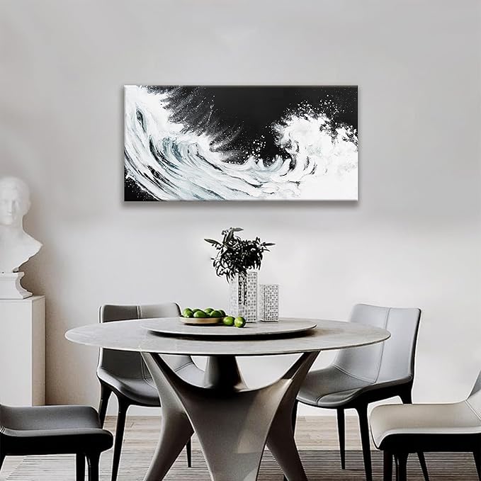 TAIJXAGSG Black And White Abstract Wall Art Painting Canvas Art Wall Decor 20x40 Inch Decorations White Ocean Waves Wall Art Canvas Abstract Art Picture For Bedroom Kitchen Office Home Decor