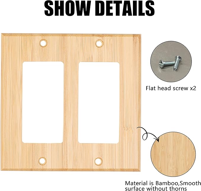 Raw Wood Light Switch Cover Decorative Double Rocker Wall Plate 4.5" x 4.5" Bamboo Quality Light Switch Plate Cover for Bedroom Kitchen Home Decor (Double Rocker Switch Plate)