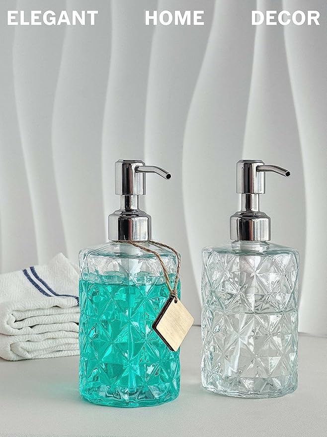 JASAI 2Pack Diamond Embossed Glass Soap Dispenser with 304 Rustproof Stainless Steel Pump, 12 OZ Bathroom soap Dispenser with A Wooden Tag, Elegant Hand Soap Dispenser for Bathroom & Kitchen
