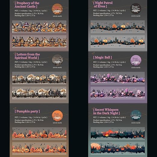 Gothic Scrapbook Tape Stickers,6 Rolls PET Halloween Pumpkin Washi Tape for Scrapbooking,Journaling,Junk Journal,Planner,DIY Arts Crafts(Dance Party)