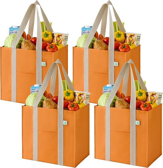 VENO 4 Pack Reusable Grocery Shopping Bags, Heavy-Duty Fall Tote Autumn Market Bags with Handles, for Shopping Cart with Hard Bottom, Foldable (Autumn Orange, 4 Pack)
