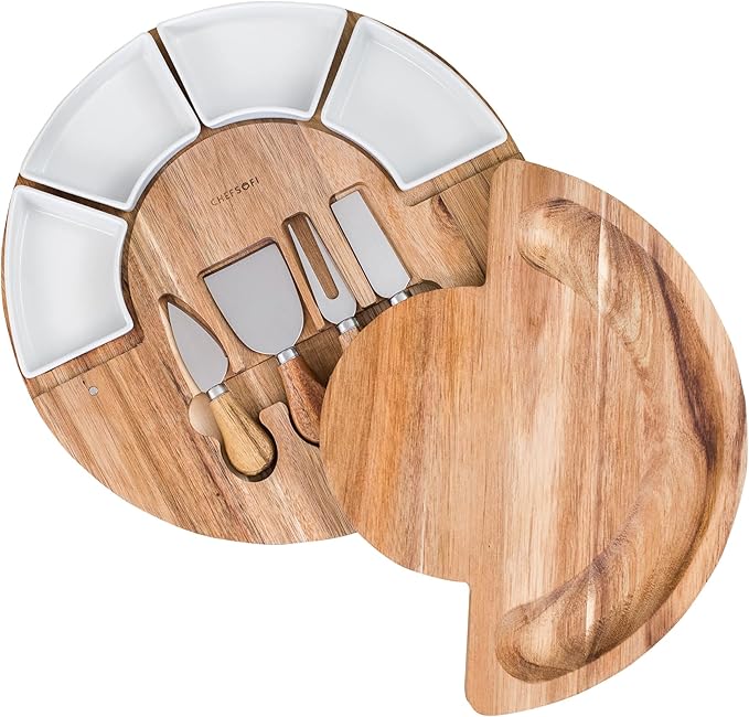 ChefSofi Charcuterie Board Set and Cheese Serving Platter - Made from Acacia Wood - US Patented 13 inch Cheese Board and Knife Set for Entertaining and Serving - 4 Knives and 4 Bowls