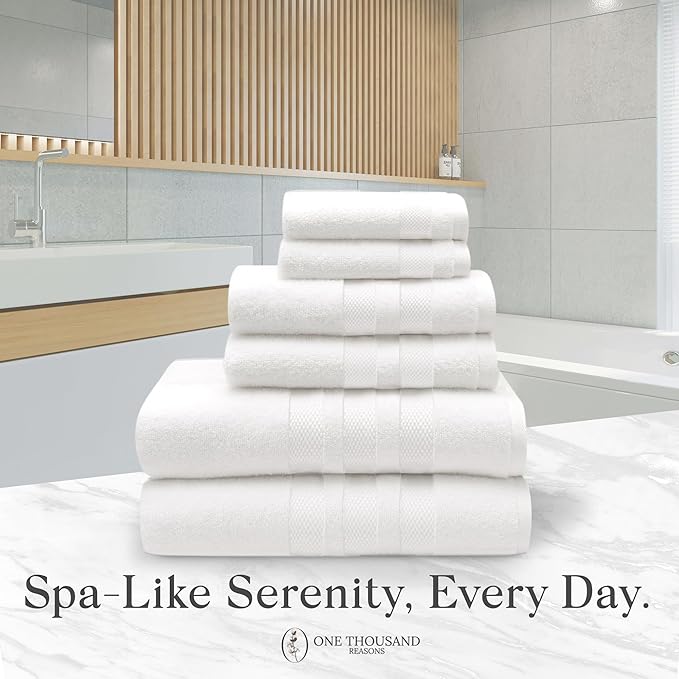 Premium Staple Cotton Bathroom Towel Set - White 600 GSM 6-Piece Luxury Bath Towel Set 3 Stripe - 2 Bath Towels, 2 Hand Towels & 2 Washclothes Set - High Absorbent & Quick Dry for Gym, Spa, Hotel