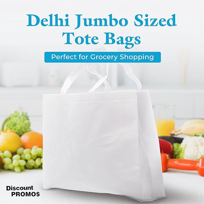 DISCOUNT PROMOS Jumbo Sized Tote Bags Set of 10, Bulk Pack - Reusable Grocery Bags, Shopping Bags, Promotional Item Totes for Women - White