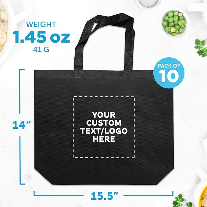 DISCOUNT PROMOS Custom Jumbo Sized Tote Bags Set of 10, Personalized Bulk Pack - Reusable Grocery Bags, Shopping Bags, Promotional Item Totes for Women - Black
