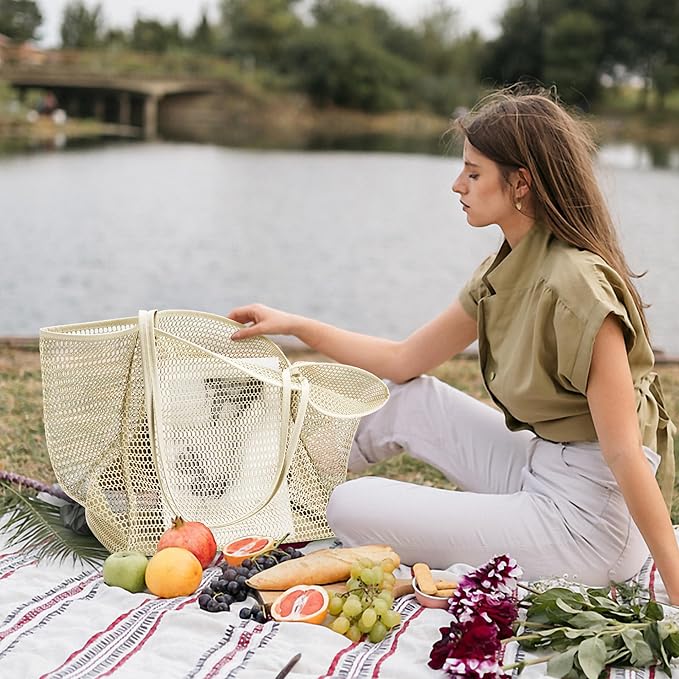 KALIDI BeachNylon Mesh Tote Bag, Casual Tote Bag Hobo Women Foldable MAX 23L Shoulder Bag For Beach Picnic Vacation