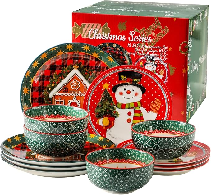 Stoneware Pasta and Bowls Set, Christmas Dinnerware sets,12 Piece for Dish set for Holiday Gatherings,Microwave and Dishwasher Safe