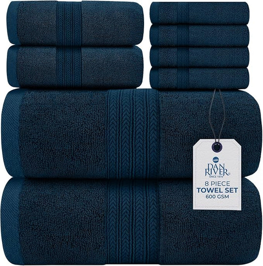 DAN RIVER 8 PC Luxury Bath Towels for Bathroom, 2 Bath, 2 Hand, and 4 Wash Cloths, 600 GSM 100% Ring Spun Cotton Towel Set, Highly Absorbent, Gym, Hotel, and Spa, Blue Opal