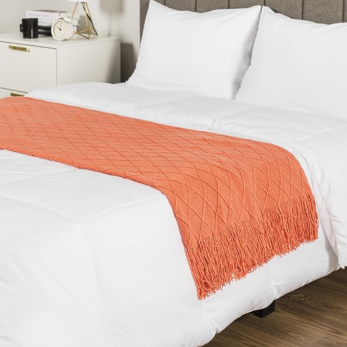 PAVILIA Coral Orange Knit Throw Blanket for Couch, Twin Bed, Soft Knitted Farmhouse Sofa Throw for Living Room, Lightweight Decorative Fall Blanket for Chair, Outdoor Textured Boho Blanket, 60x80