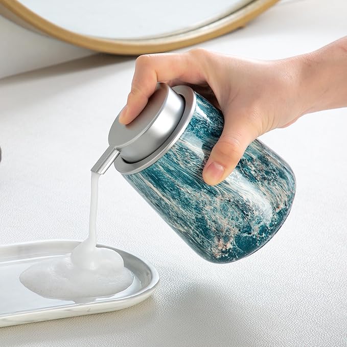 Enra Ceramic Foam Soap Dispenser, 12 oz Blue Foaming Soap Dispenser for Bathroom & Kitchen with Easy-to-Press Silver Pump