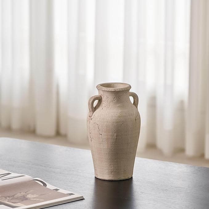 LB2 Rustic Ceramic Vase, 11.8" Tall Zen Style vase, Terra Cotta Pitcher, Distressed Farmhouse Decor, Pottery Decorative Flower Vase for Home Decor