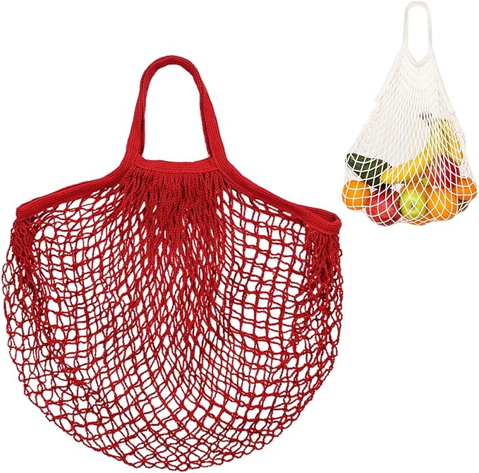 1-Pack Cotton Mesh Bag, Reusable Washable Mesh Net String Grocery Bags, Reusable Produce Bags with Handle, Net Tote Bag for Fruits/Vegetables Shopping [Red, Short Handle]