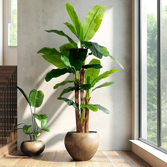 8.2FT Artificial Banana Tree Tall Fake Banana Leaf Plant Faux Banana Silk Tree Faux Banana Leaves for Home Swimming Pool Indoor Outdoor Patio Tropical Decor
