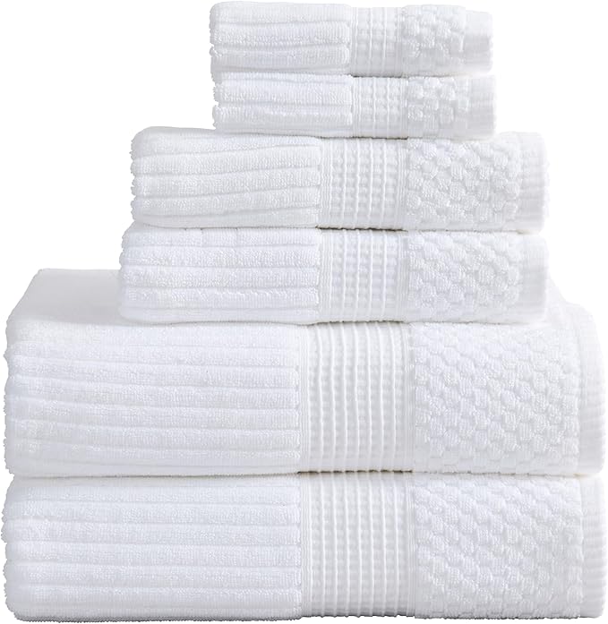 Springtree Home 100% Cotton Bath Towel Set | 6 Piece Set | Absorbent & Quick-Dry Bath Towels | Textured and Durable Cotton | Krista Collection (Bright White)