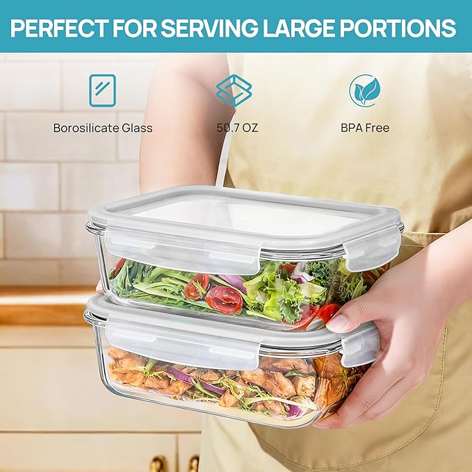 Vtopmart 2Pack 1500ml/50.7oz Large Glass Storage Containers with Lids, Meal Prep Food Container Set with Snap Airtight Lid for Baking, Microwave, Oven, Leak Proof, for Freezer, Dishwasher, Grey