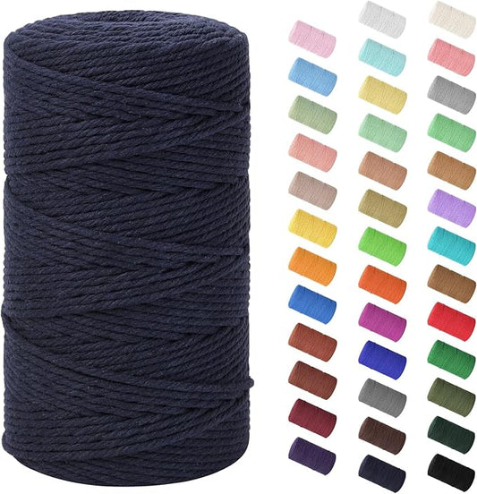 HOMEBOBO Macrame Cord 3mm x 220Yards (656Feet)Natural Cotton Macrame Rope - 4 Strands Twisted Macrame Cotton Cord for Wall HangingPlant HangersCraftsGift Wrapping and Wedding DecorationsNavy Blue