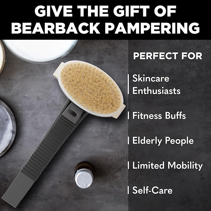 Bearback Dry Brushing Body Brush with Natural Bristles - Premium Exfoliating Brush for Shower or Dry Brushing | Long Folding Handle, Removable Brush Head