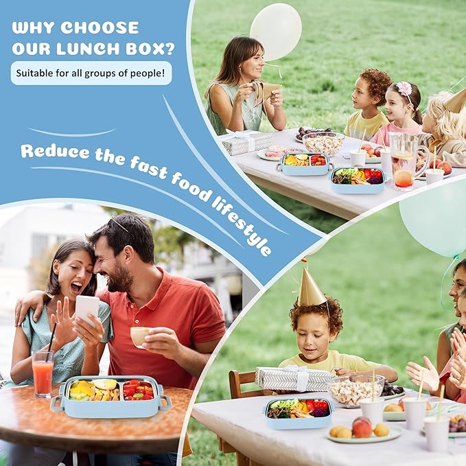 Bento Lunch Box for Kids Women Men, 47oz 2-Compartment Snack Salad Food Prep Pack Container for Lunch, Stainless Steel 2 Layers Stackable Lunch Containers for Adults and Teens Light Blue