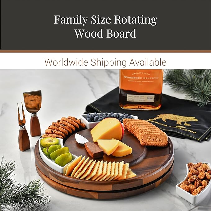 Shanik Acacia Wood Lazy Susan Cheese Board – Rotating Serving Platter for Cheese, Charcuterie, Appetizers, and Snacks, Entertaining, Parties, and Family Gatherings