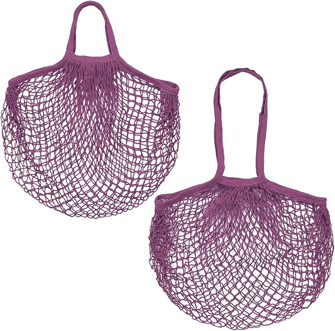 2-Pack Cotton Mesh Bag, Reusable Washable Mesh Net String Grocery Bags, Reusable Produce Bags with Handle, Net Tote Bag for Fruits Shopping [Purple-Pink, Long&Short Handle]
