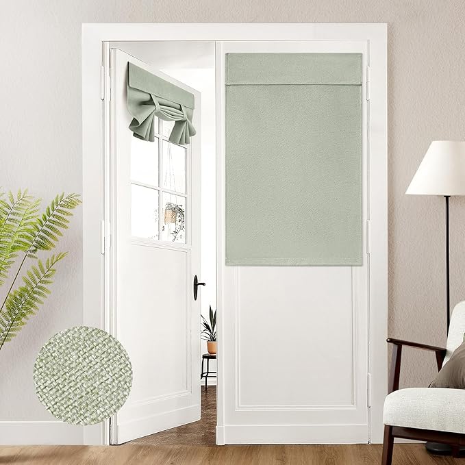HOMEIDEAS 100% Sage Green Linen Blackout French Door Curtains, Privacy Door Window Curtains, 30 X 40 Inch Room Darkening Blinds, Thermal Insulated Shades for Bedroom, 1 Panel
