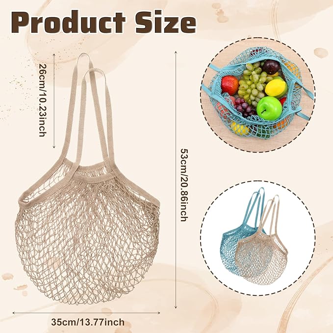 2 Pack Reusable Grocery Bags Cotton Mesh Produce Bags Long Handle Mesh Tote Bag for Fruit & Veggie Storage(Beige and Blue-Gray)
