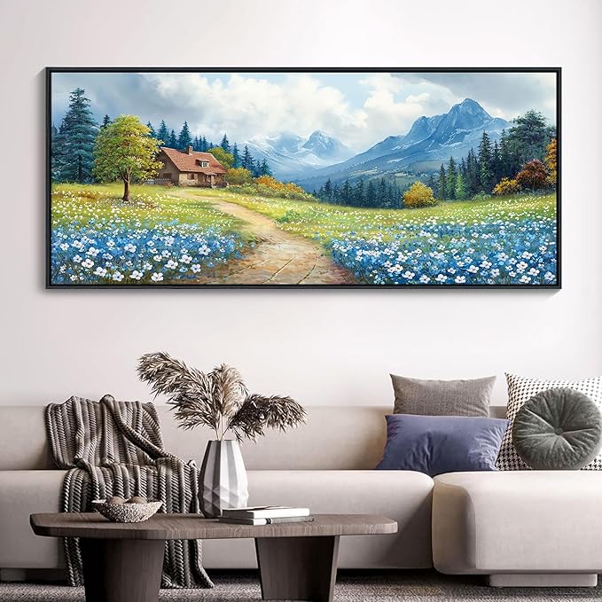 CHATYOUNG Blue Mountains Wall Art, Rustic Forest Flowers Extra Large 32"X71" Wall Picture Path Cottage Landscape Framed Paintings for Living Room Above Sofa Office Bedroom Kitchen Home Decor
