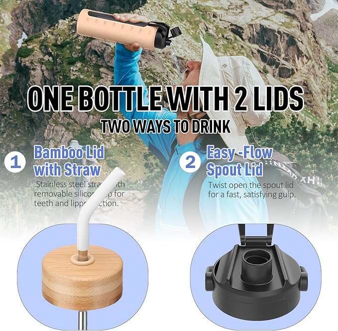 24oz Glass Water Bottle with Straw and 2 Lids-Bamboo and Spout Lid, Borosilicate Glass Water Bottle with Silicone Sleeve and Time Marker,BPA Free & Cupholder Friendly,White