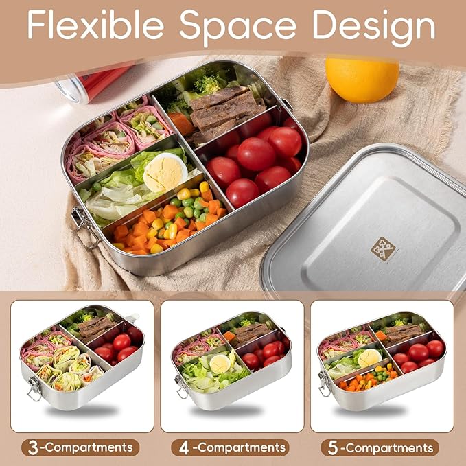 GOLDEN KEY 47QZ Stainless Steel Bento Box with 5 Compartments,1400ml Large & Thickened Metal Lunch Box for Kids or Adults,Eco-friendly Leak-Proof Container with Lockable Clips