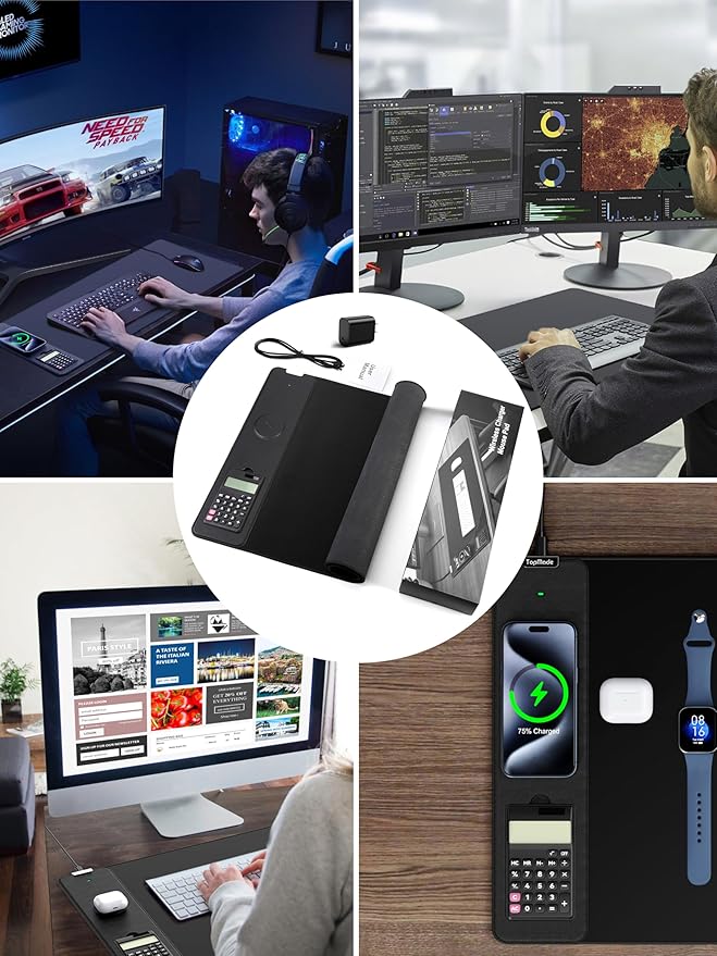 TopMade Mouse Pad with 15W Wireless Charging & Removable 8-Digit Solar Calculator, Exact Large Desk Pad, Waterproof Mousepad Home Office Desk Mat (Includes 20W PD Power Adapter & 6.56ft Woven Cable)