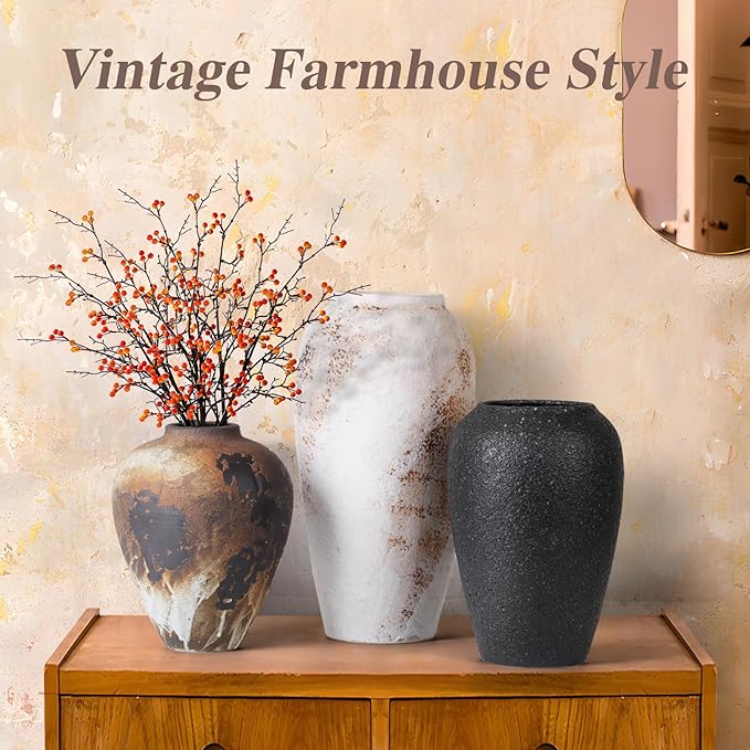 Rustic Vase for Flowers, 8.9'' Brown Farmhouse Ceramic Vases for Home Decor, Minimalist Decorative Vase for Living Room, Entryway, Shelf, Premium Pottery Clay Table Centerpiece Decor.