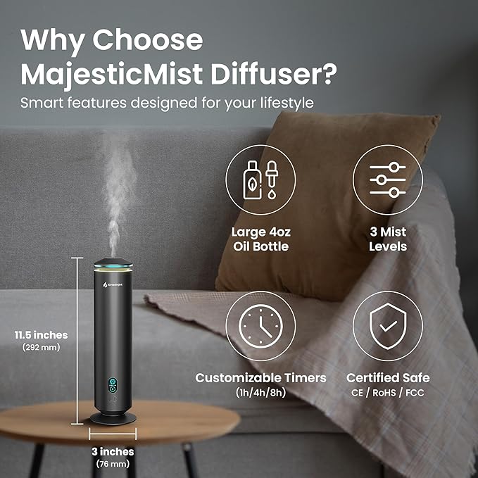 MajesticMist Rechargeable - Aluminum Waterless Essential Oil Diffuser with Wireless Charging, Quiet Aroma Diffuser, Scent Diffusers for Home, Room & Hotel, Remote Control, USB-C, 1000sq.ft