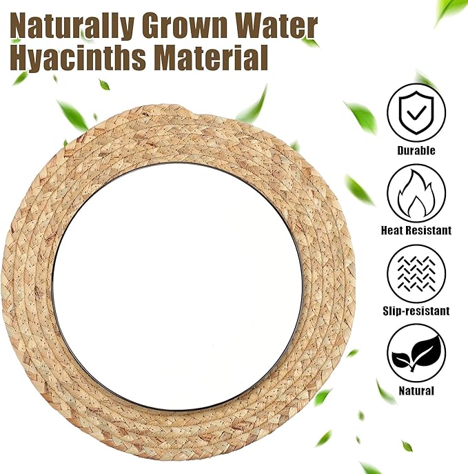 Set of 6 Round Woven Placemats 13.5-Inch Natural Water Hyacinth Plant Placemats Hand-Woven Boho Rattan Placemat Wicker Weave Table Mats for Home Dinner Plates Holiday Supplies