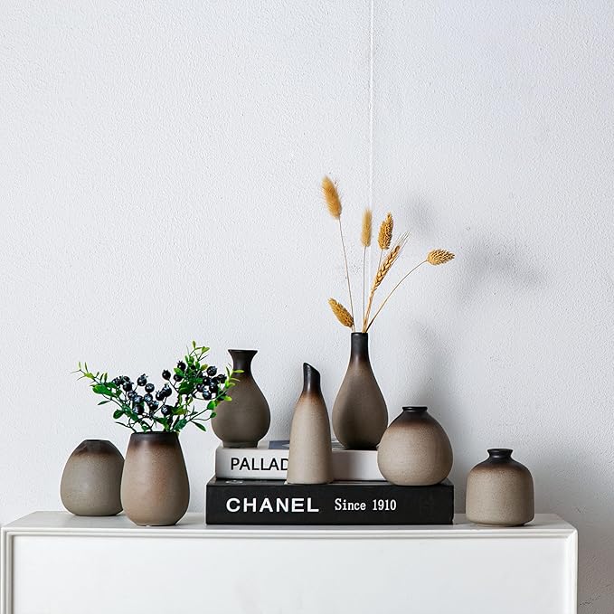 Rustic Ceramic Bud Vase Set of 11, Small Vases for Pampas Grass, Flowers, Modern Farmhouse for Home Decor, Vintage Decor, for Living Room, Dining Table & Shelves