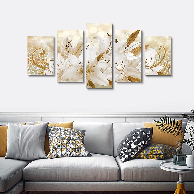 LUDUHU Golden Orchid Flowers Canvas Print - Abstract Floral Wall Art Painting Decor for Home Decoration Artwork Picture Bedroom (E,Oversize 80x40inch)