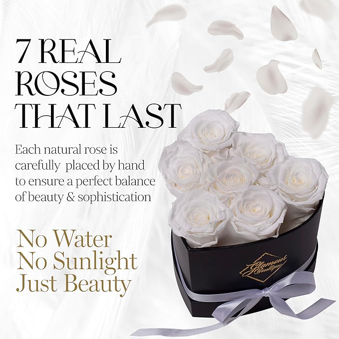 GLAMOUR BOUTIQUE 7 Flower Forever Heart Shape Box - Preserved Roses Gift for Her, Preserved Flowers, White